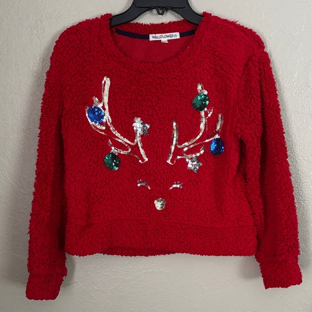 Reindeer Red Sherpa Christmas Festive Holiday Cozy Top Size Small